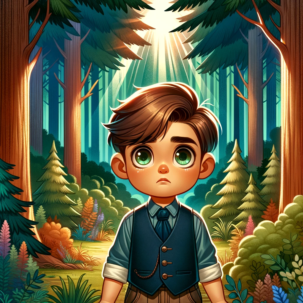 Illustration of a colorful forest scene with towering trees and thick underbrush. Sunlight filters through the canopy, creating a magical atmosphere. Centered in the frame is a young boy, around 7 years old, with distinctive almond-shaped hazel eyes, sandy brown undercut hair, and dimple cheeks. He’s gazing to the left, visibly crying, and is attired in a smart navy waistcoat and khaki shorts.