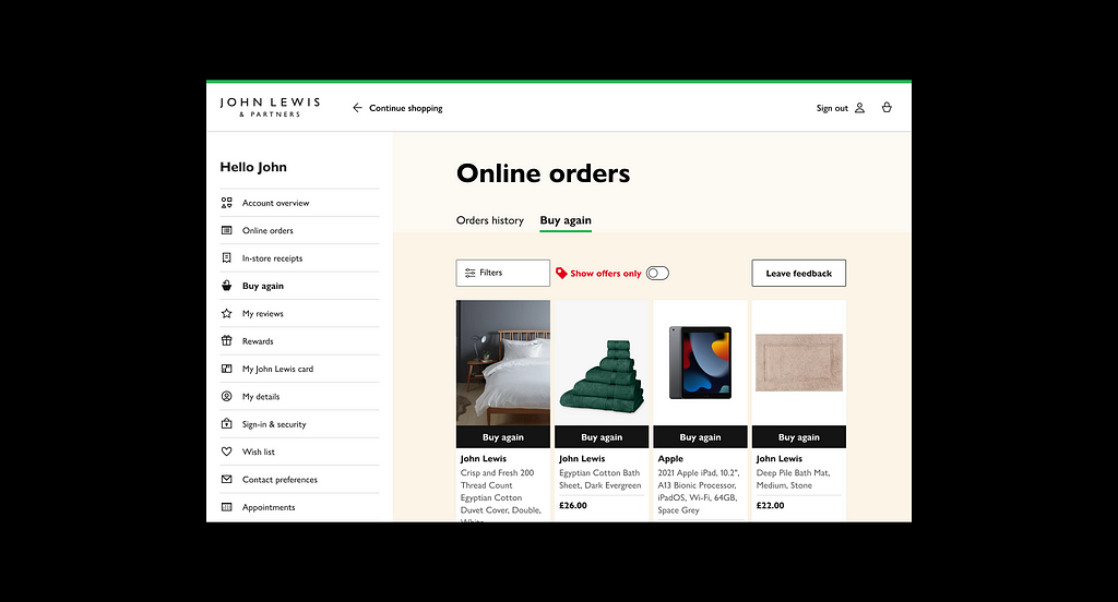 UI design of the buy again section on John Lewis website
