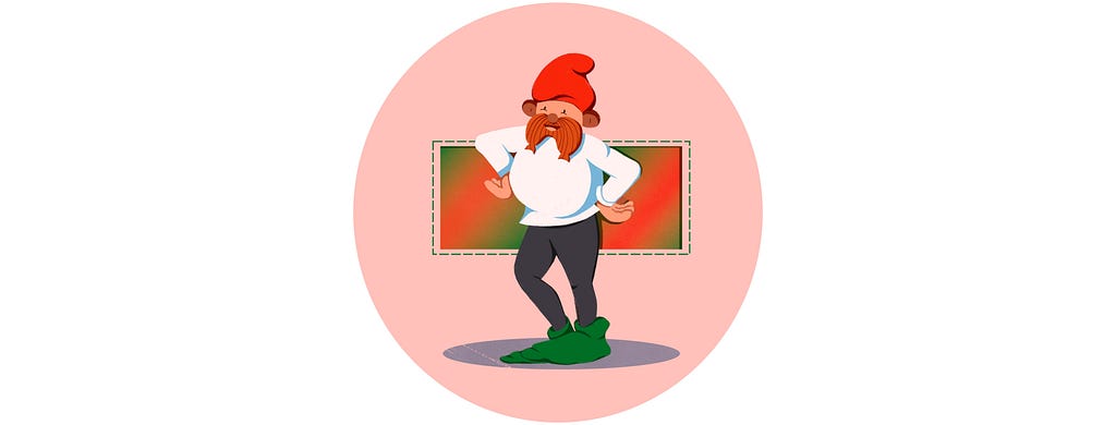 Dwarf in a red cap on a pink background.