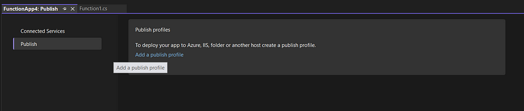 Visual Studio screenshot showing image to add publish profile