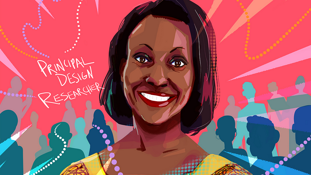 There’s a colorful illustration of Principal Design Researcher Adoley Azu. She’s beaming. Raise of light emanate from her smile. Multi-colored silouettes of people are standing behind her.