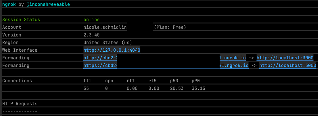 ngrok running in the terminal