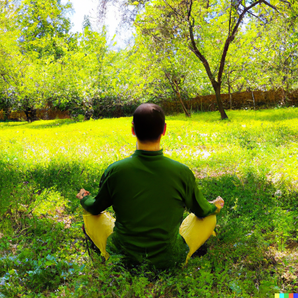 A person meditating in nature, surrounded by lush greenery and flowers, with a background of a beautiful sunset