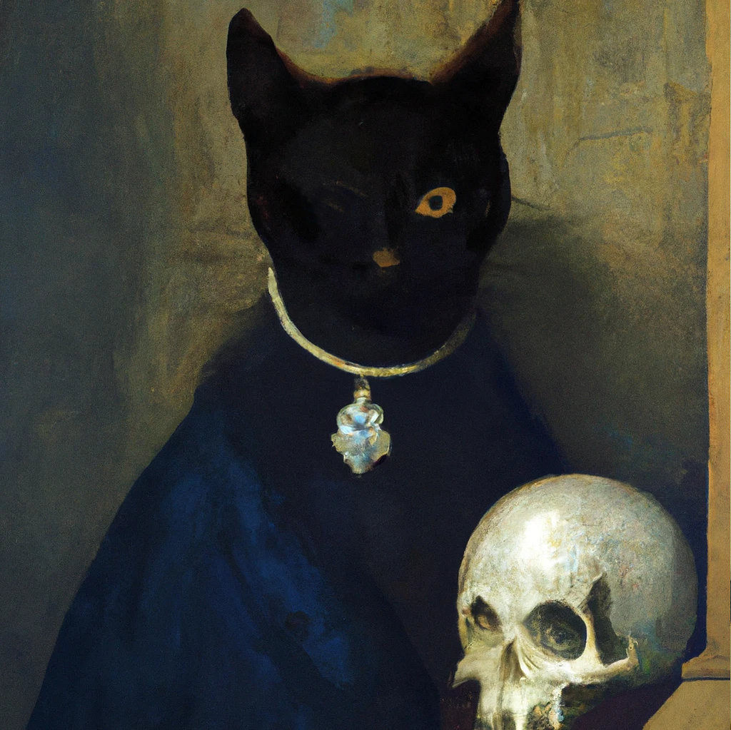 DALL·E 2022–09–07 11.52.08 — _A black one-eyed cat with a skull-shaped amulet_ by Johannes Vermeer