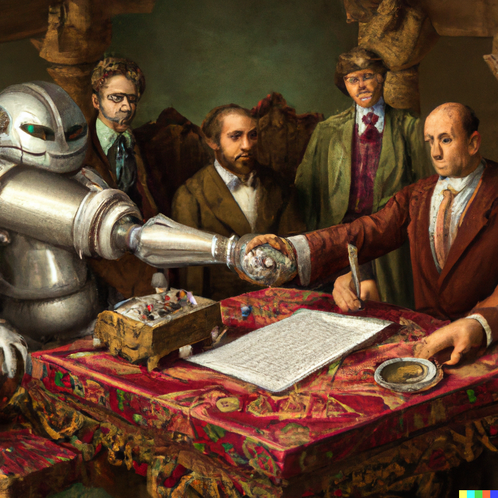 A renaissance-style painting of a robot signing a treaty with humans