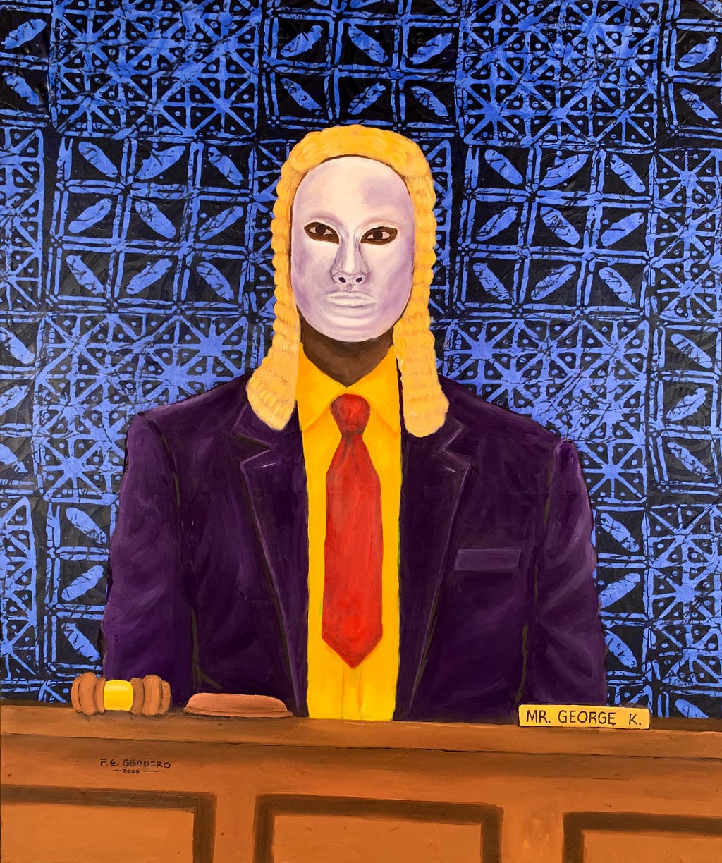 A painting of a masked judge on an African print fabric