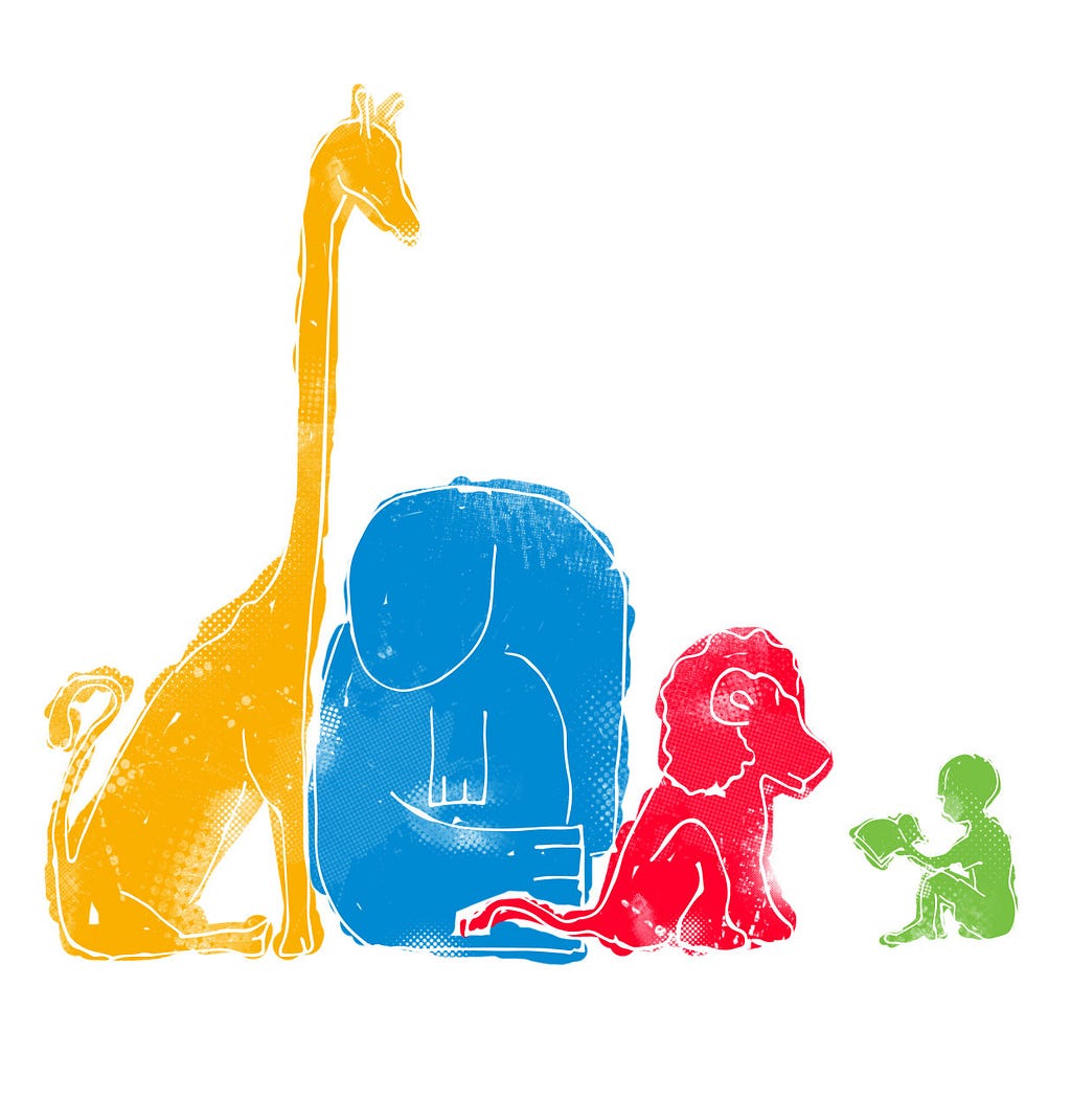Digital illustration of a child reading to zoo animals