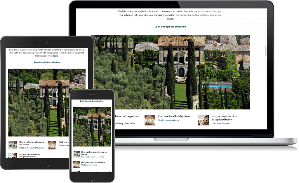 A mockup with 3 different designs displaying the same photo of a villa and its garden. The image is in portrait on smarpthone, square on tablet and landscape on laptop.