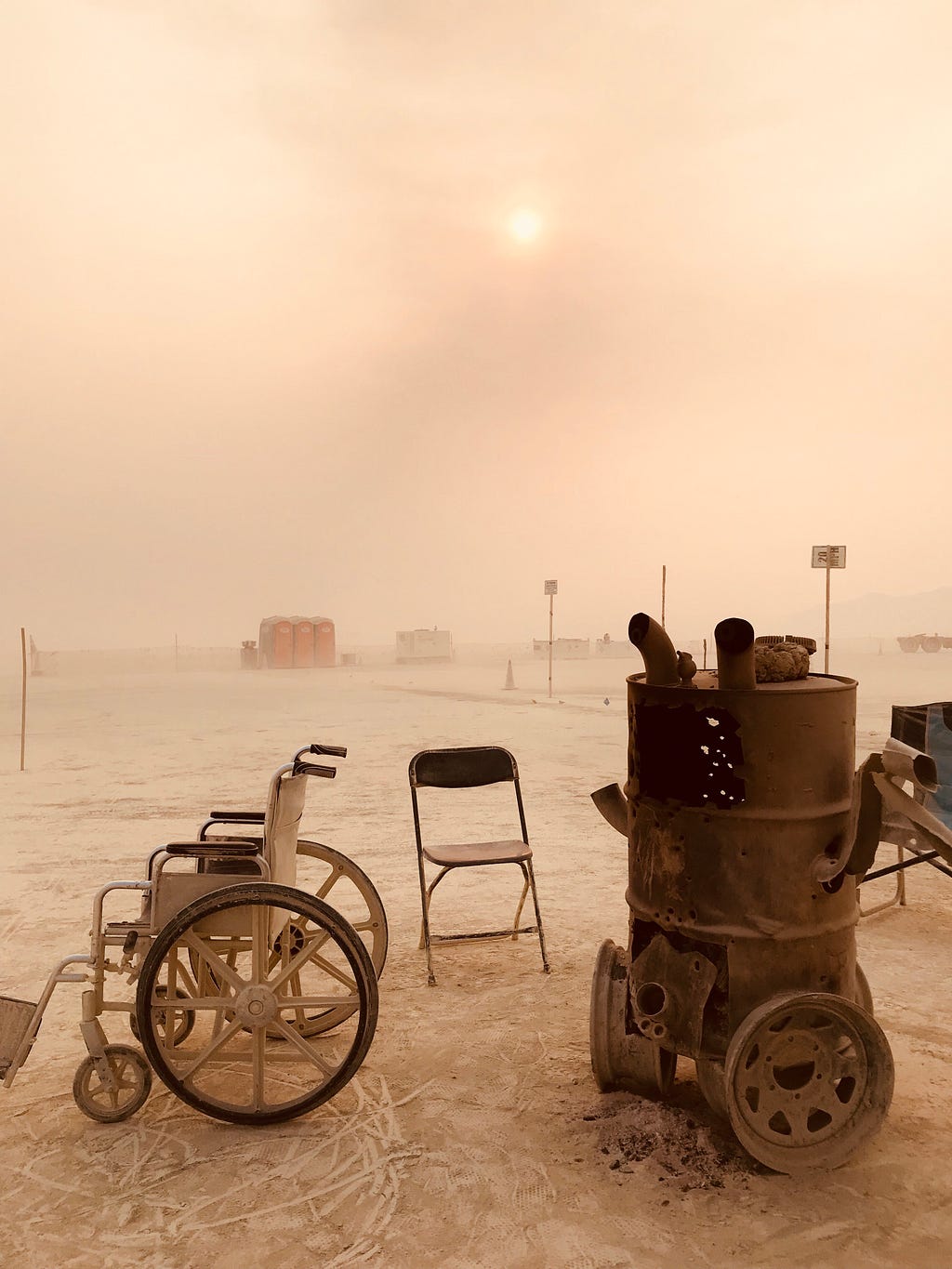 Manual Wheelchair is left in the middle of a sandstorm