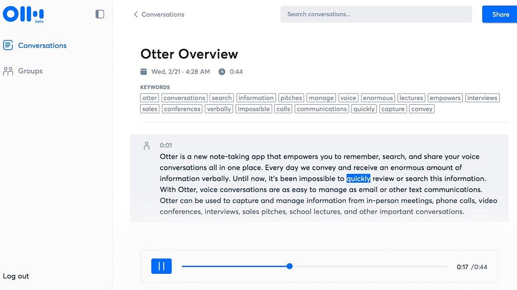 A screenshot of Otter.ai showing a transcription of a recorded interview