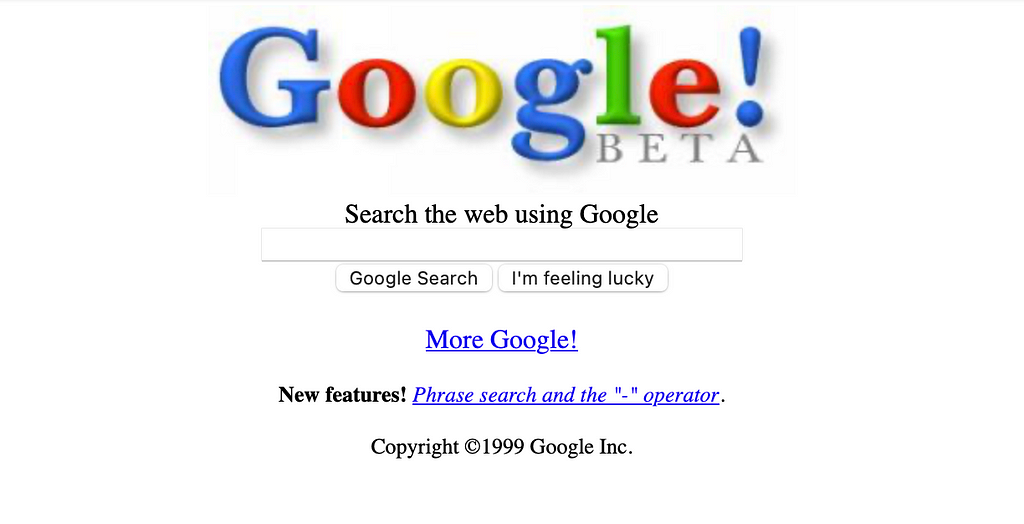 The Google website, back when it was called “Google!” (styled after Yahoo!) and is labelled as still in beta. The copyright notice reads 1999.