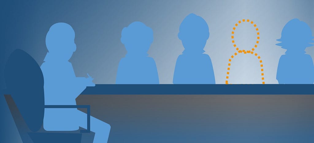 An illustration of seated figures around a table in blue, with one silhouette of a missing participant outlined in yellow