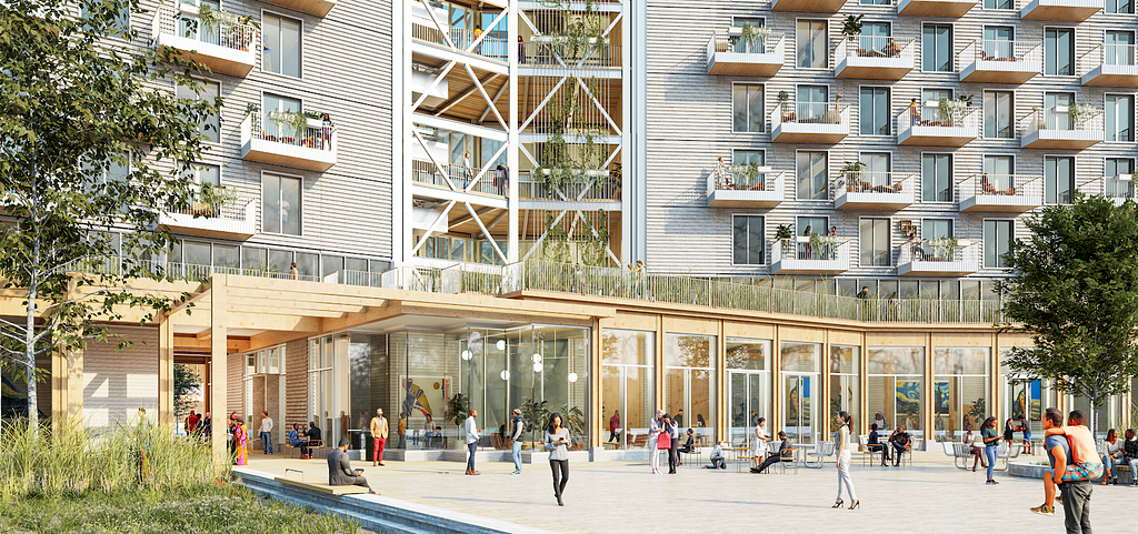 A rendering of a mass timber building model by Sidewalk Labs.