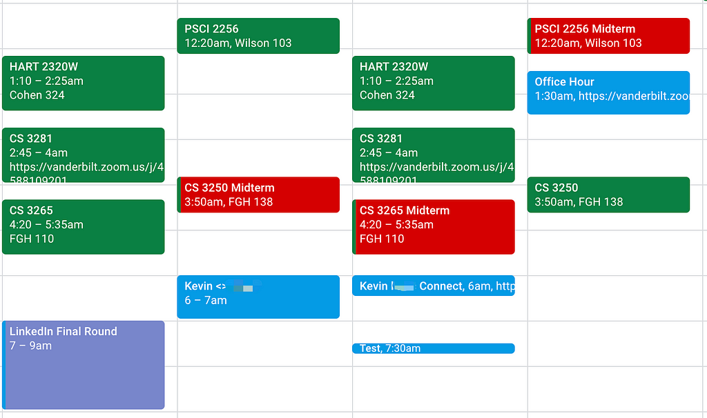 A screenshot of my Google Calendar showing the final round interview and three midterms in the same week