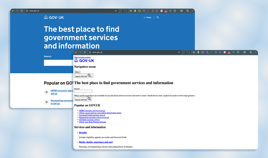 Gov.uk homepage converted to a linear experience after CSS styles were disabled
