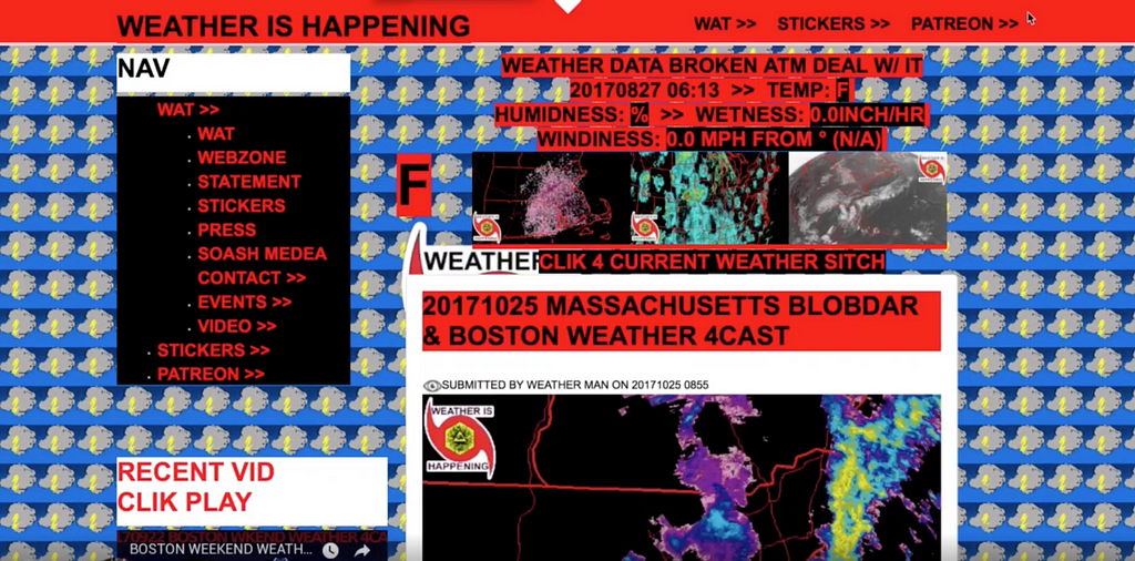 The Weather is happening website has bright reds and loud text. There are also multiple elements that overlap.