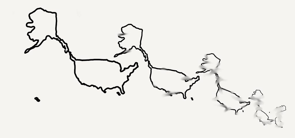 An outline of the U.S. border, repeated to the right four more times, but each time, rotated, smaller, and blurry.
