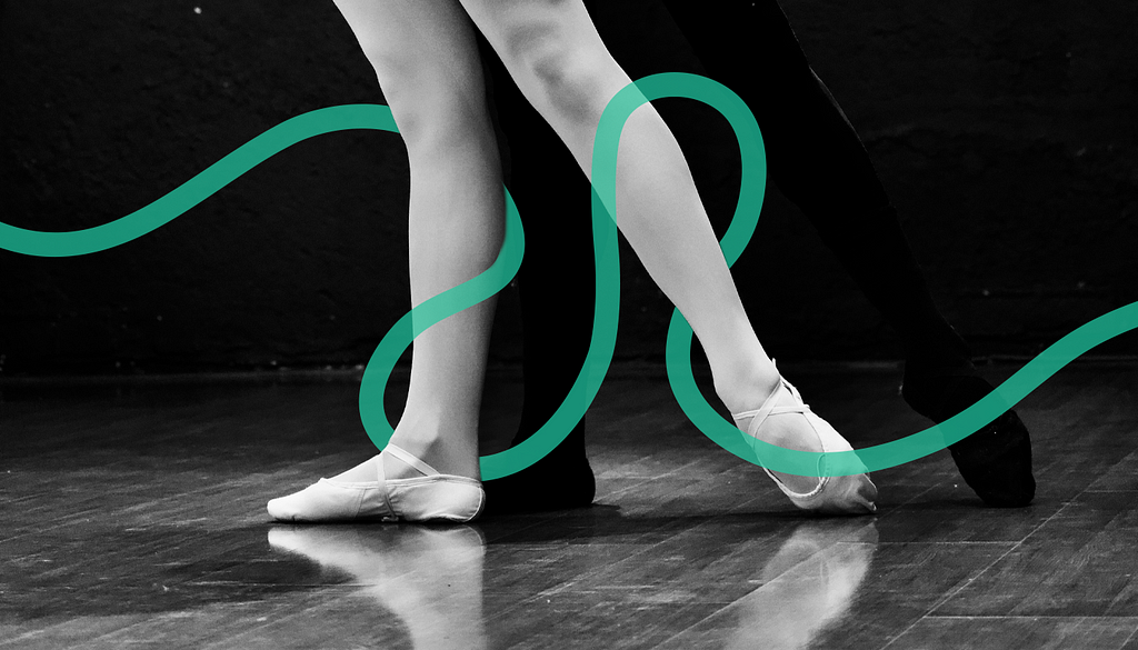 Dancers legs with a partner faded in the distance as a visual metaphor for needing a partner to dance together