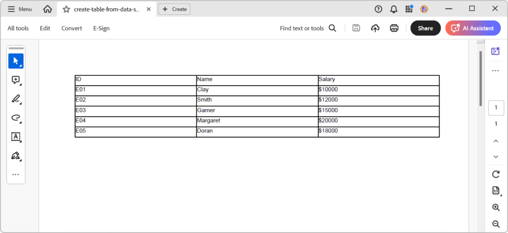 Creating a PDF table from a data source using the .NET PDF Library