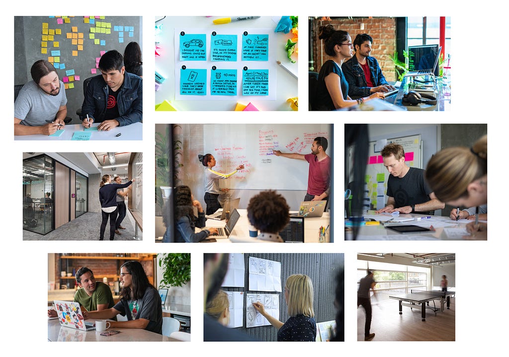 A collage of several pictures to transport the mood of working at VMware Tanzu Labs. People workshopping, drawing out ideas, writing code in pair programming style, having a 1:1 conversation and playing pingpong.ping-pong