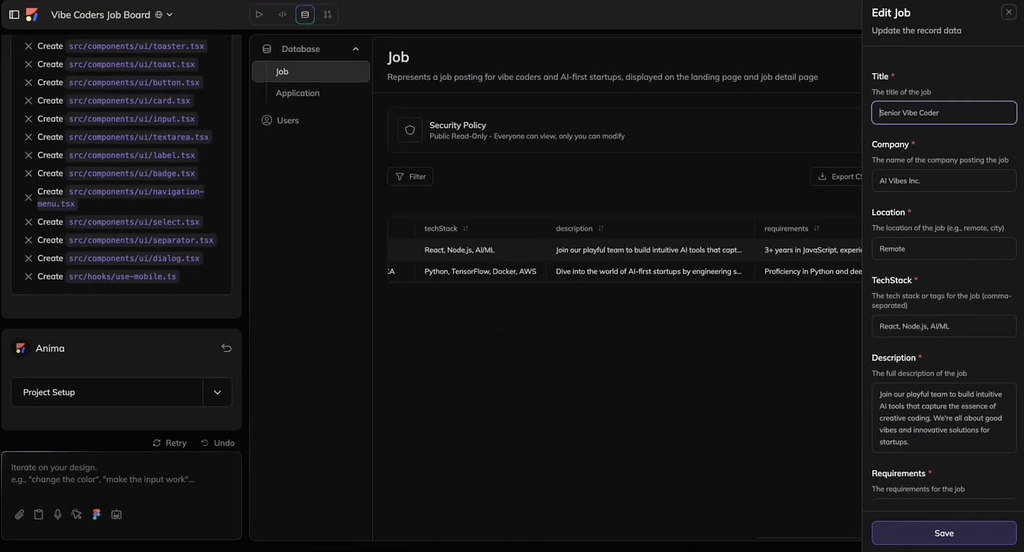 Funcionalidad de base de datos en Anima para ver y editar los datos del mundo real de su aplicación.
