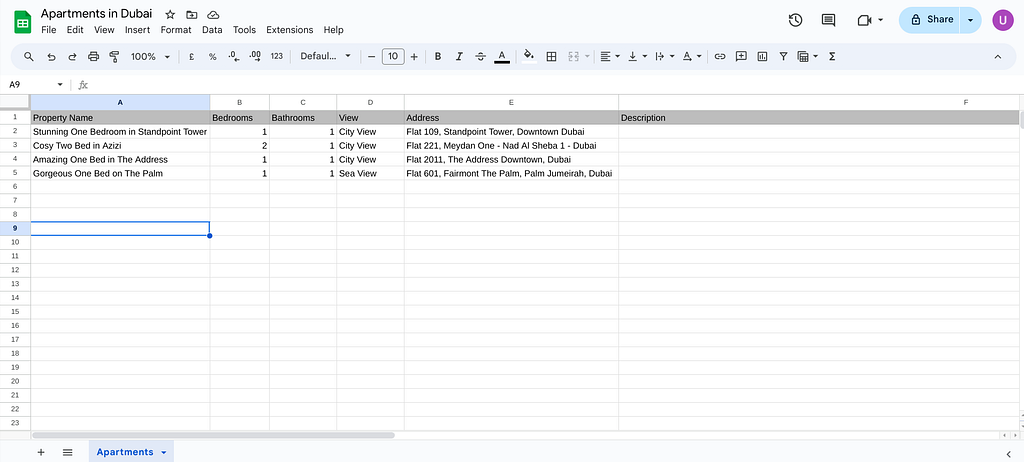 Data in Google Sheets Spreadsheet