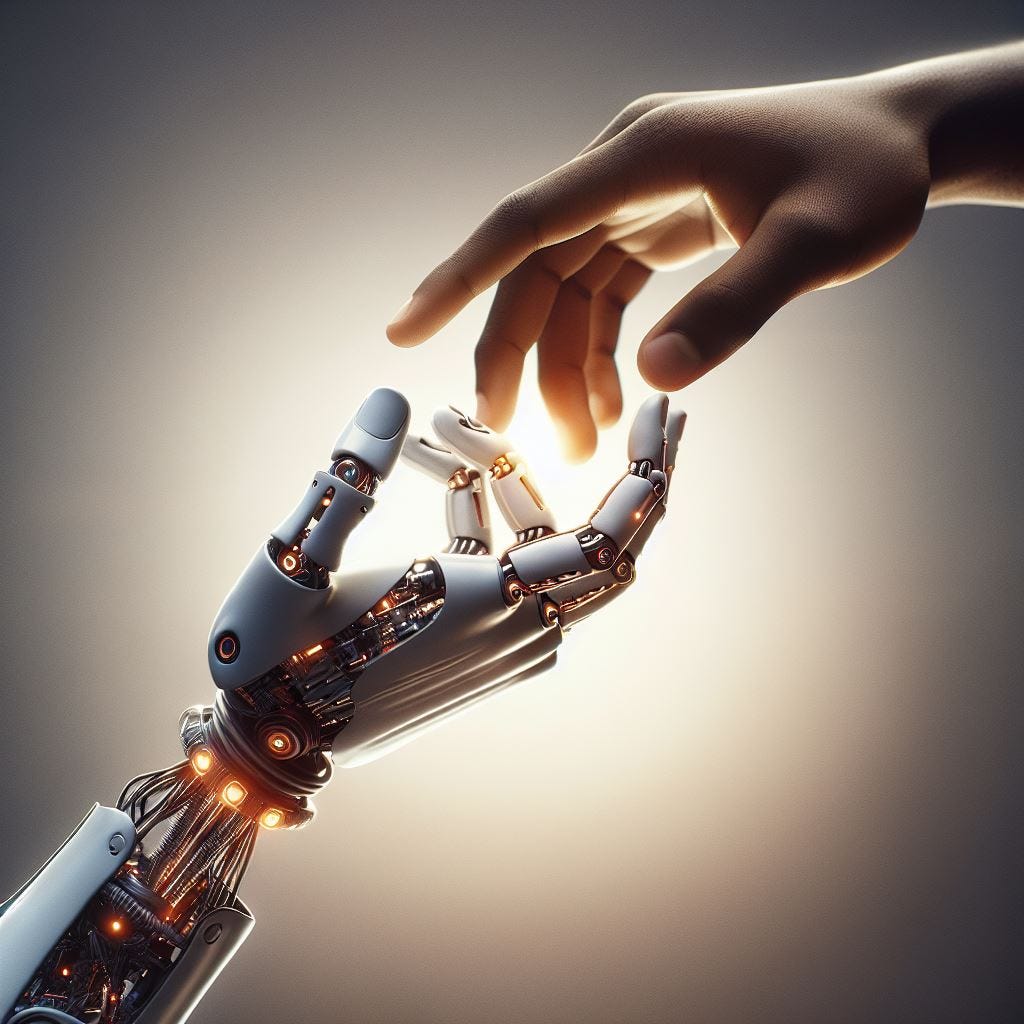 AI, Artificial Intelligence, Robots. Robot hand holding Human Hand
