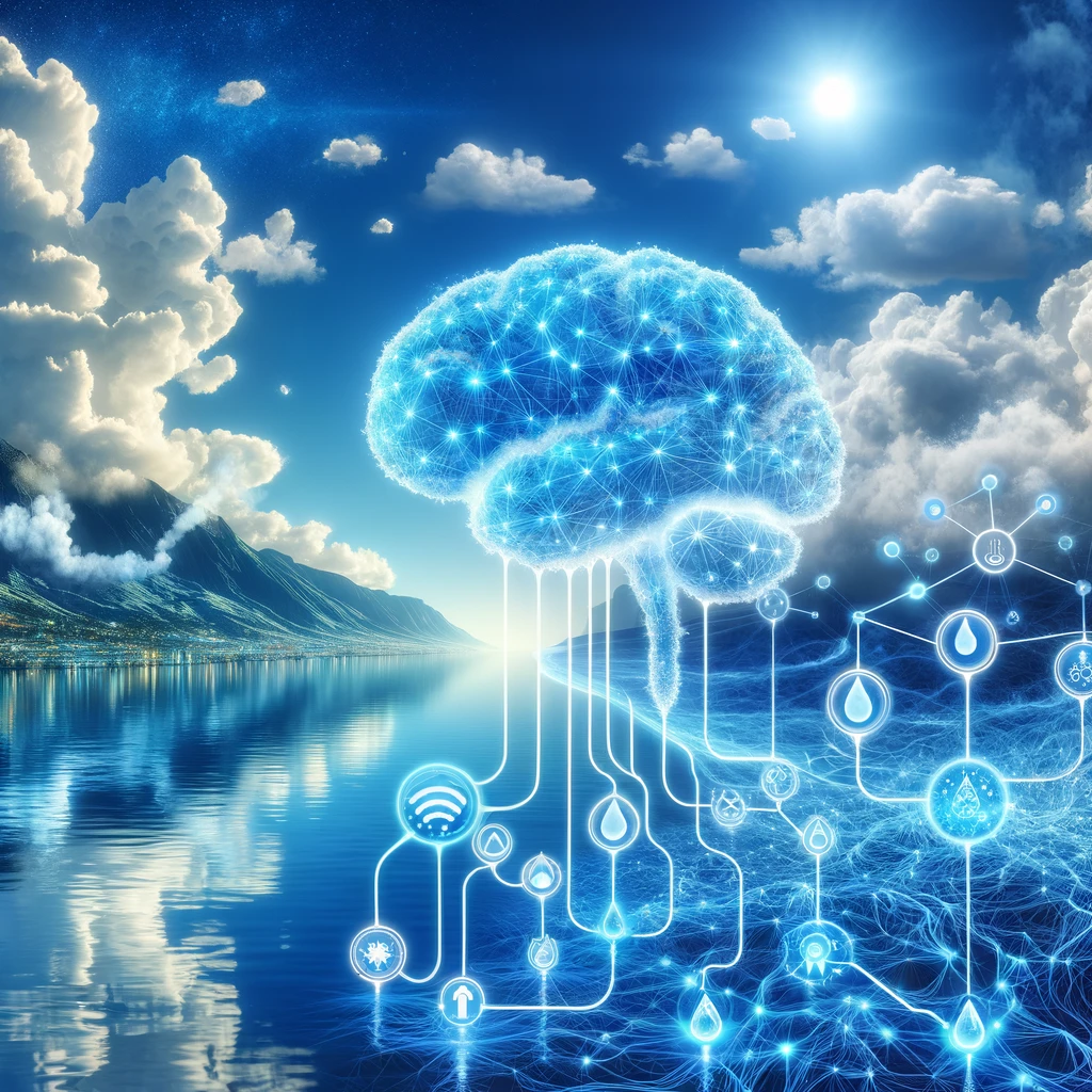 An image of a computerized brain with blue lines connecting to a clean lake and a clear sky, showing how it’s analyzing the quality of water and air in a high-tech way.