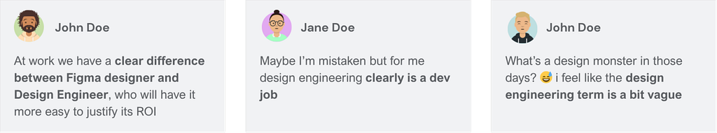 Three lined-up, anonymized comments about design engineering, styled as social network comments.