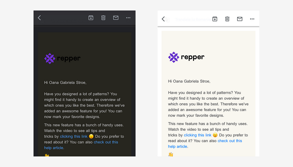 On the left there is an example of Repper Newsletter in dark mode, and on the right there is an example of Repper Newsletter in light mode