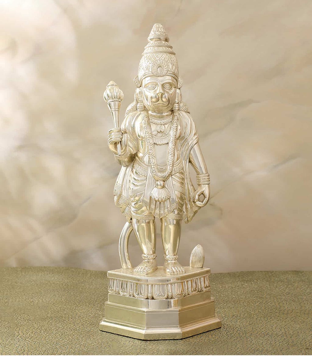 A finely detailed Silver Hanumanji God Idol symbolizing strength and devotion, believed to protect against negative energies and bring courage into your home.