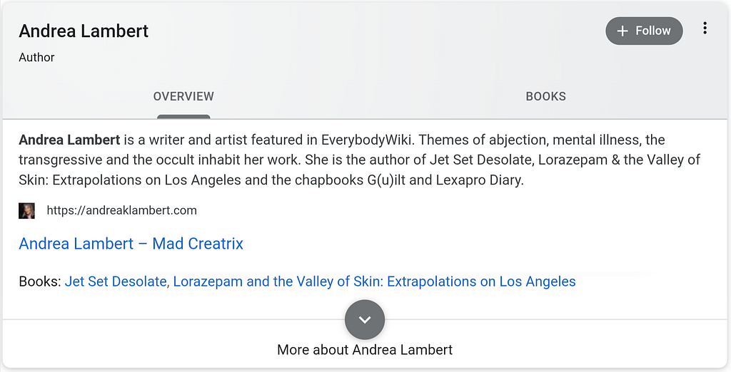 Screenshot of Google search results identifying Andrea Lambert as a writer and artist.