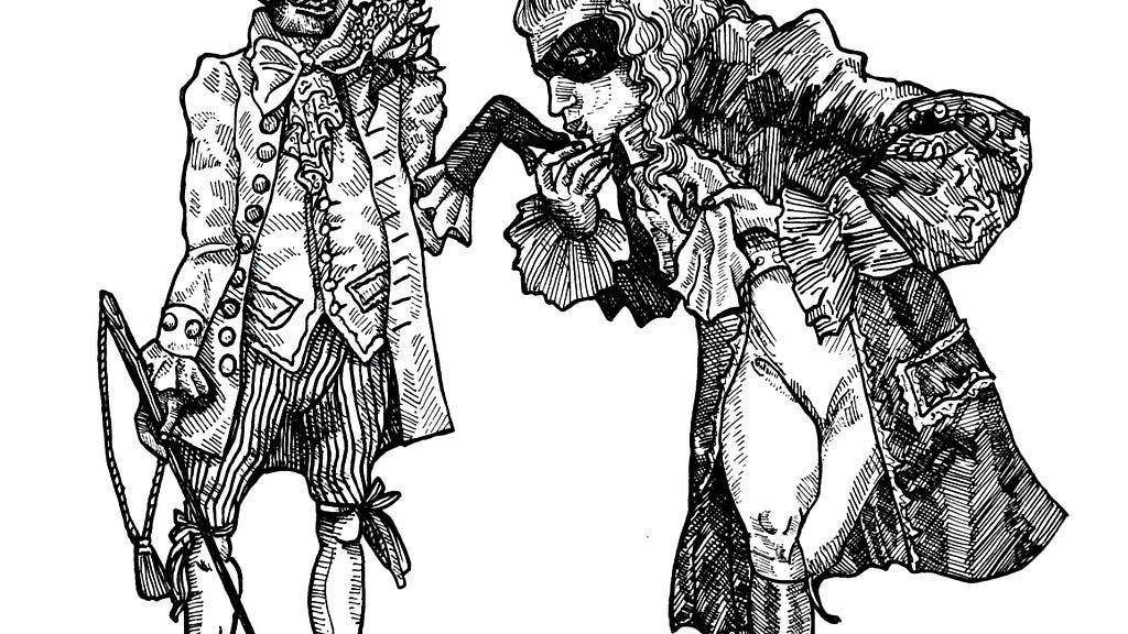 A cropped section of an ink illustration displaying two men in 18th century courtly suits. One is wearing a mask and kissing the other’s hand.
