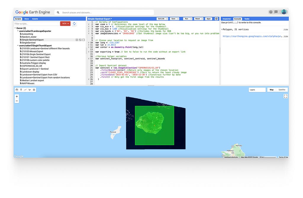 Screenshot of the Earth Engine Interface showing code snippets and an exported satellite image of an island