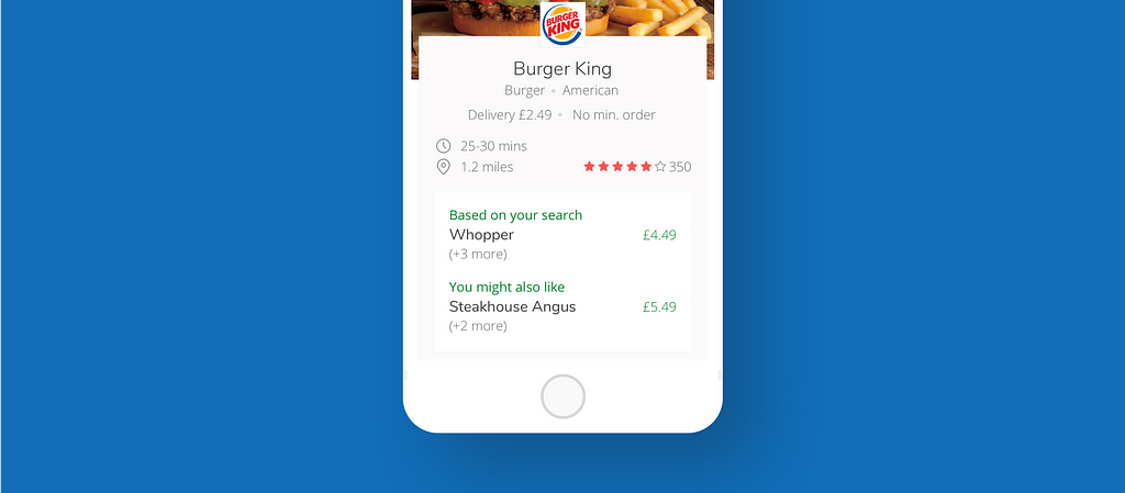 Just Eat mobile dish search results screen visual