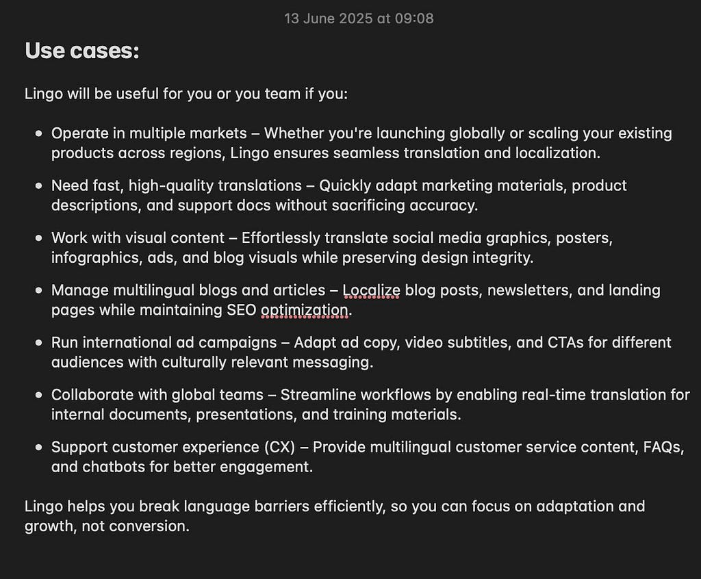 Screenshot of a note listing multiple use cases of the Lingo plugin