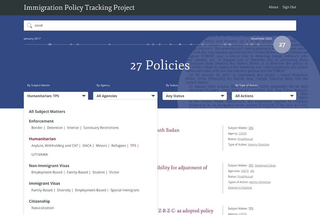 A screenshot of the website with drop downs showing the range of ways to search for different policies.