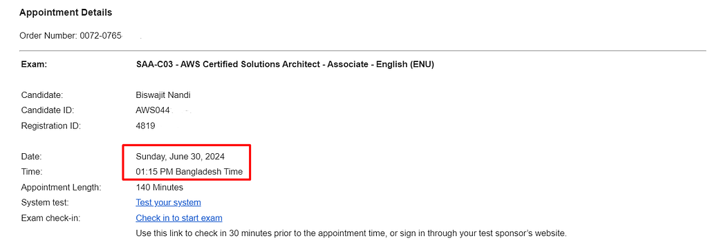 Email of Appointment Time for AWS SAA-C03