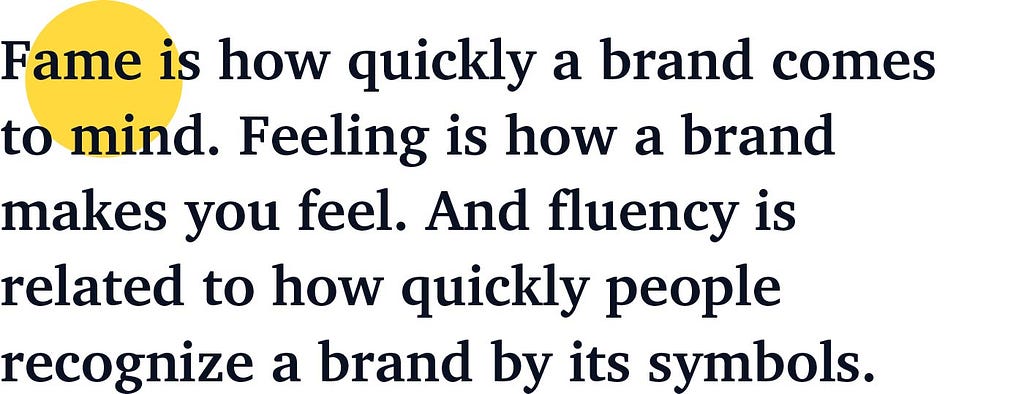 Fame is how quickly a brand comes to mind. Feeling is how a brand makes you feel. And fluency is related to how quickly people recognize a brand by its symbols.