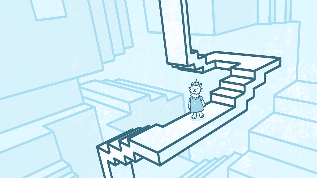 A small anthropomorphic dog in a princess outfit stands in impossible architecture.