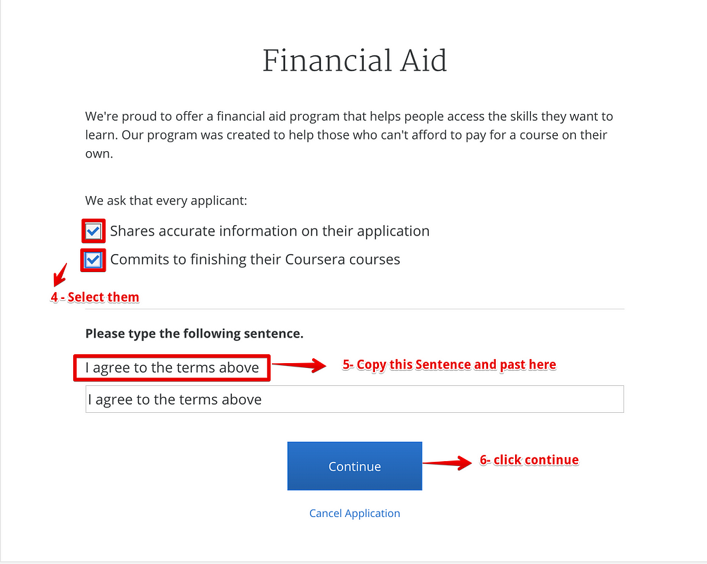 A screenshot showing the financial aid form and what checkboxes to click to continue application.