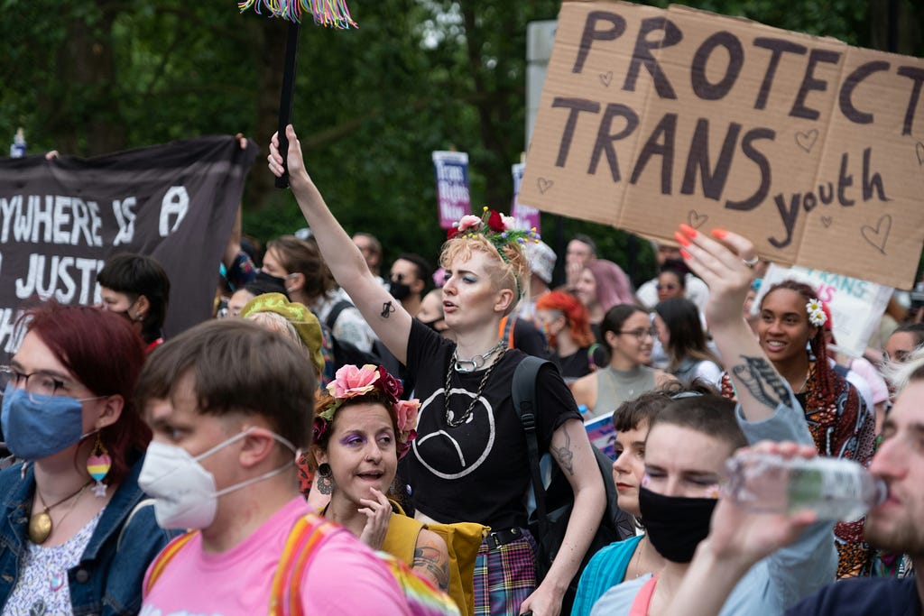 A public gathering where someone is holding up a sign that says “Protect trans youth”