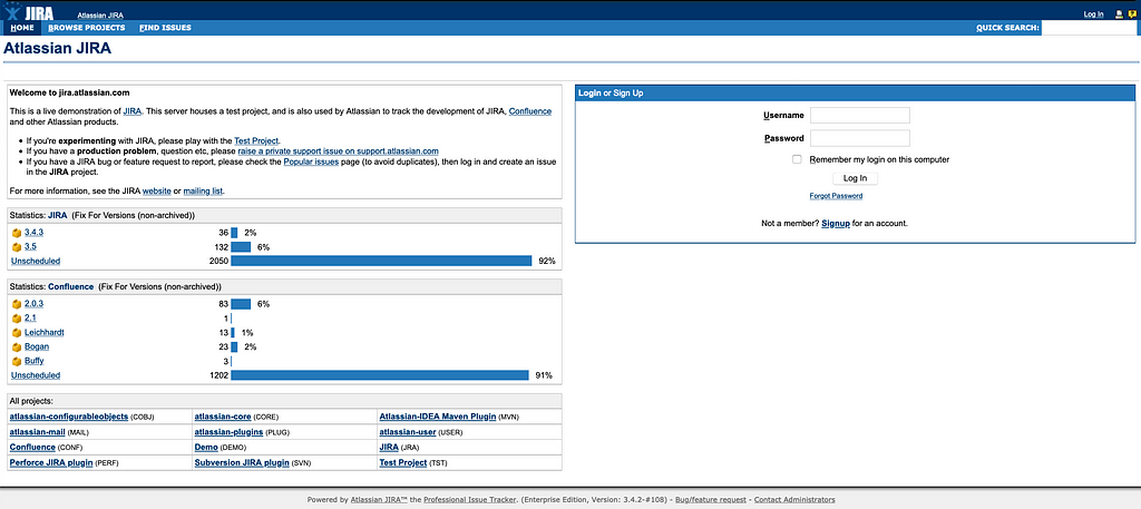 A screenshot showing Jira in 2005, with a lot of information, confusing hierarchy, and a lot of links.