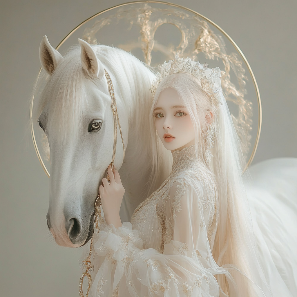 A beautiful 18 years old yound lady, wearing beige minimalistic costume, jewellery, standing beside a white horse, cosmodrome on the background, steven meisel style, photorealistic, vogue style