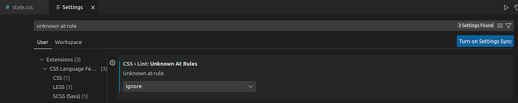 unknown at-rule option to omit the tailwind directive warning message in VSCode