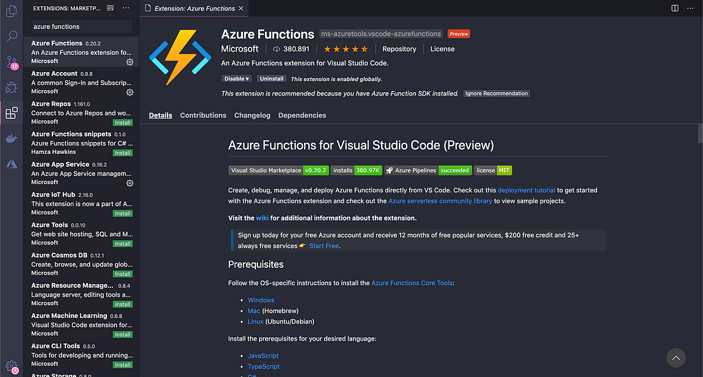 Visual Studio Code extension installation  window with Azure Functions about to be installed