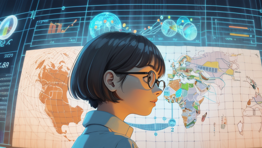 a close up of a girl with numbers and map displaying behind her