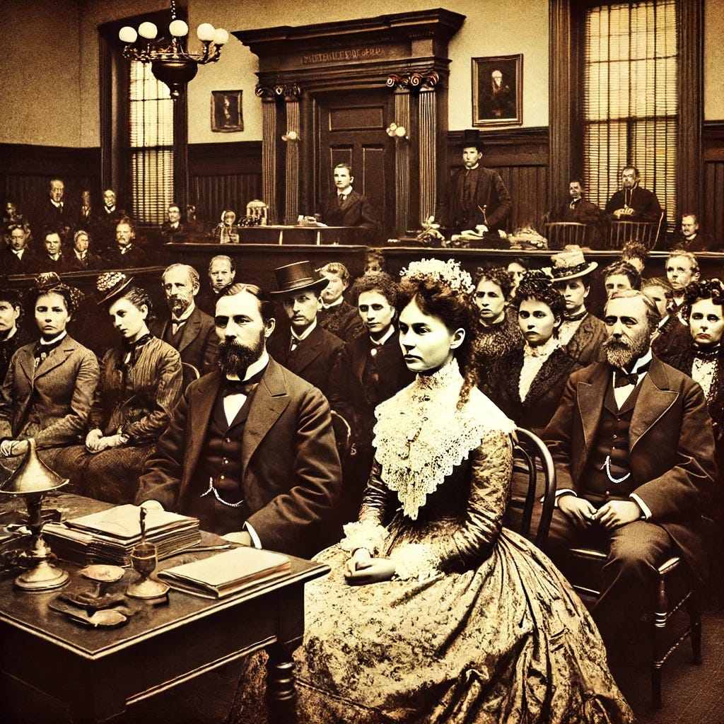 A courtroom scene from the 1893 trial of Lizzie Borden. The image showing a Victorian-era courtroom with Lizzie Borden seated with her defense team.