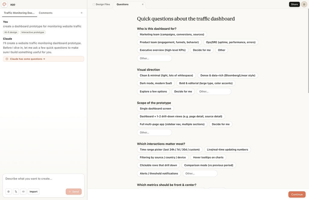 screenshot of claude design — shows it asks questions about an app it’s going to build