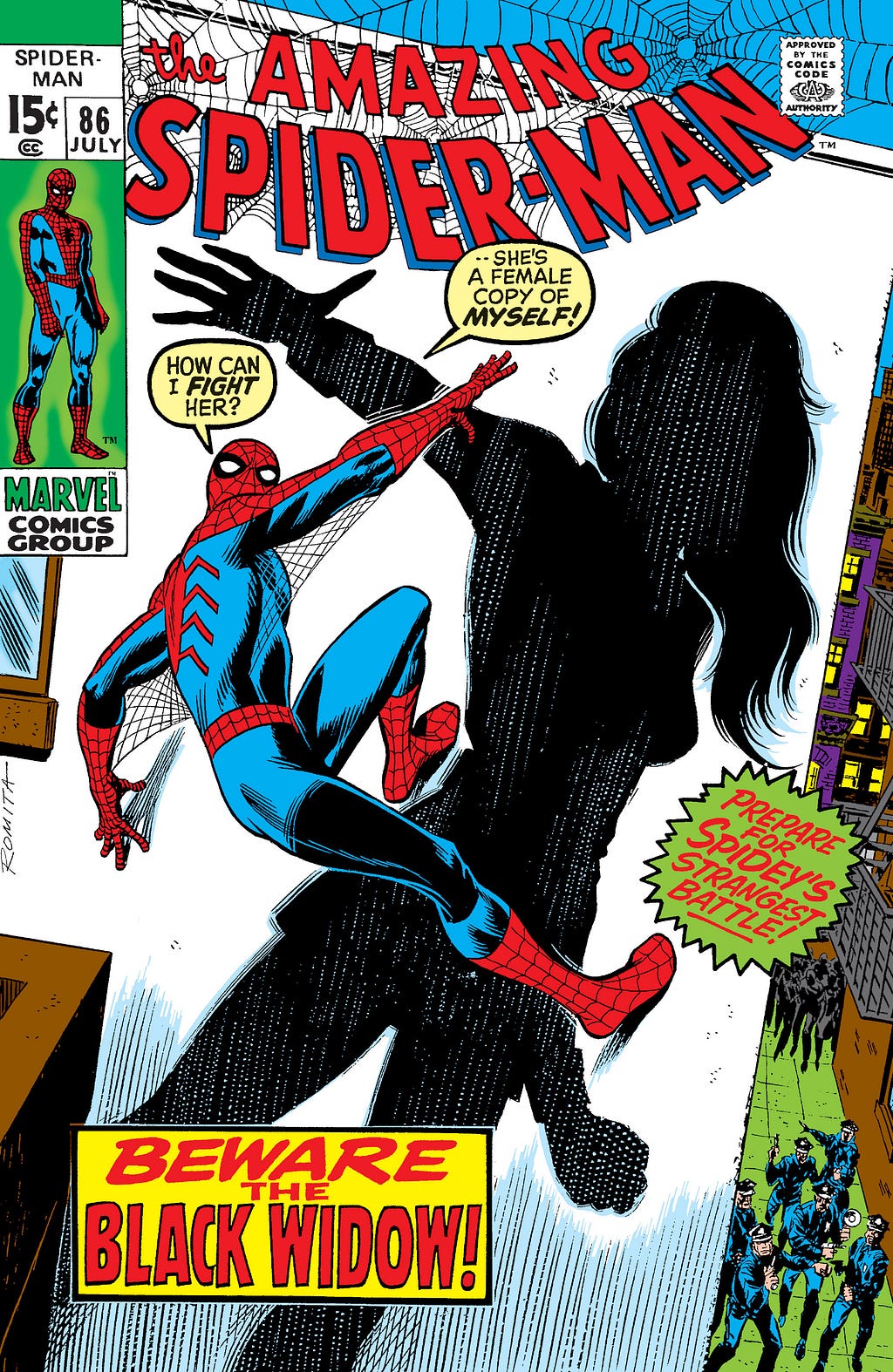 Comic book cover image for Amazing Spider-Man #86. It depicts Spider-Man climbing up a wall that has the silhouette of a woman on it (presumably Black Widow).